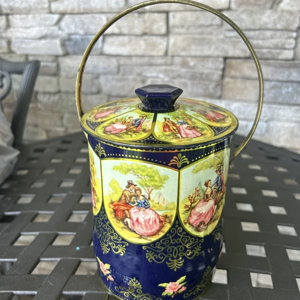 Vintage Victorian Navy Floral Biscuit‎ Tin With Handle Couple